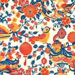 Vibrant Asian floral bird pattern.