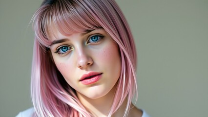 Fototapeta premium Close-Up Portrait of a Young Woman with Pink Hair and Blue Eyes