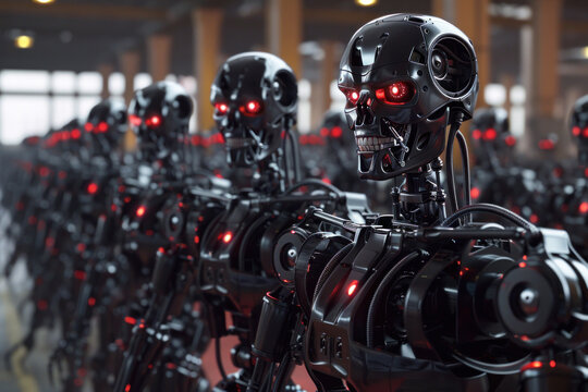 army of robots at the factory,.    