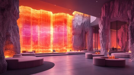 A modern interior featuring a vibrant, illuminated wall and cozy seating for relaxation.
