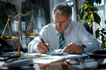 An older man in a professional setting writes on paper, with scales of justice beside him, symbolizing experience and authority, while wearing a striped tie.