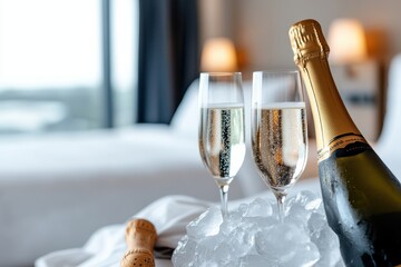 A champagne bottle and glasses sit surrounded by ice, creating a perfect setup for relaxation and celebration in a modern and inviting hotel room setting.