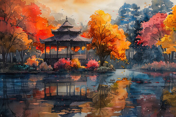 watercolor painting with a gazebo on the shore of a lake in autumn,..    