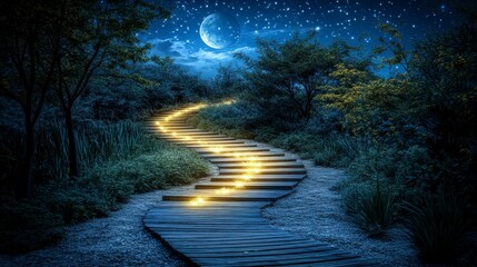 A celestial stairway of light winds toward the clouds, each radiant step glowing with energy, leading to an unknown but inviting world where dreams and serenity await above the earth.