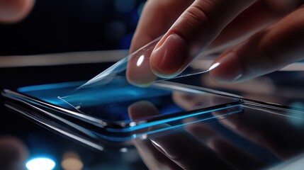 Close-up of a hand applying a screen protector to a smartphone.