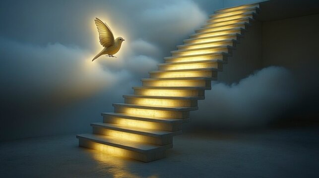 A luminous stairway of light rises into the clouds, casting a soft, warm glow, as each step leads upward toward a mystical, tranquil destination far beyond the earthly realm.