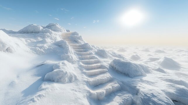 A luminous stairway of light rises into the clouds, casting a soft, warm glow, as each step leads upward toward a mystical, tranquil destination far beyond the earthly realm.