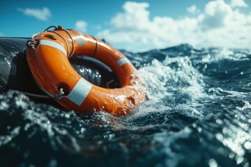 An orange lifebuoy is securely attached to a black boat, gently floating amidst the wavy ocean under a bright sky, portraying safety and adventure.