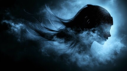 A silhouette of a woman disintegrating into dust and particles, capturing the ethereal beauty of transformation and the transient nature of life in a soft, abstract style with emotional depth.