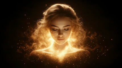 A silhouette of a woman disintegrating into dust and particles, capturing the ethereal beauty of transformation and the transient nature of life in a soft, abstract style with emotional depth.