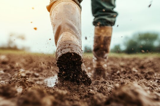An intense close-up of boots forcefully trampling through muddy earth, capturing motion and nature's texture in a lush green agricultural setting.