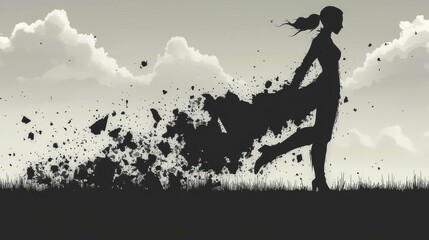 A silhouette of a woman dissolving into particles, each piece breaking away in a surreal and artistic way, symbolizing the beauty of decay and the fluidity of existence in a dreamlike scene.