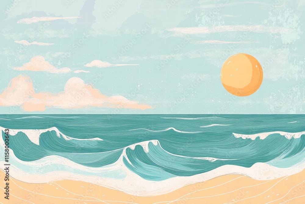 Poster Naive art style beach landscape with waves, sun, and open sky inviting creative space for text. Generative AI