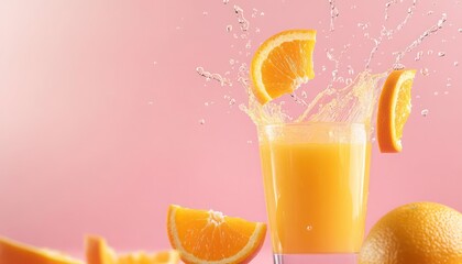 Freshly Squeezed Orange Juice Mockup with Floating Orange Segments and Splashing Droplets on a Pink Background