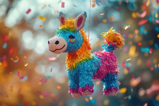 Colorful donkey pinata hanging against blurry background outdoor celebration vibrant party atmosphere fun concept