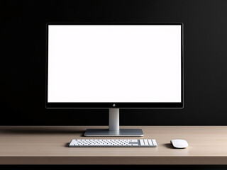 Fototapeta premium Modern computer setup on wooden desk against black background.
