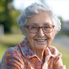 A joyful elderly woman wearing glasses smiles warmly, radiating happiness and positivity in her expression.