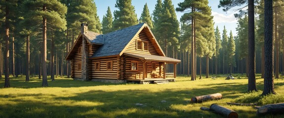 Rustic log cabin in forest clearing with sunlit pine trees