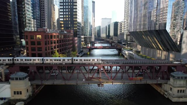CHICAGO - 12.5.2024 - Fantastic aerial footage moving over the inner loop of elevated trains going into Chicago.