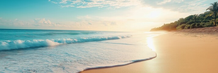 Obraz premium A tranquil beach scene showcasing soft waves and a stunning sunset over the horizon.