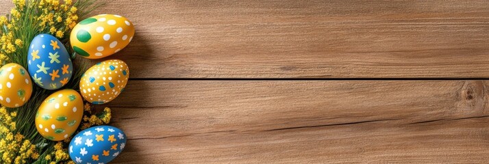 A beautiful display of colorful Easter eggs artfully arranged on a rustic wooden table, surrounded by vibrant, blossoming flowers that add a cheerful and festive touch to the scene