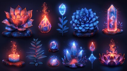 Design a collection of neon stress management symbols, including illuminated