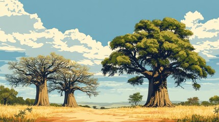 Obraz premium African Savanna: Majestic Baobab Trees Under a Summer Sky