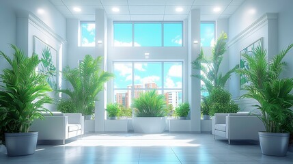 A spacious public building with a minimalist design, featuring clean lines, large windows, and a wide open atrium, designed to be a hub for community events, services, and activities.