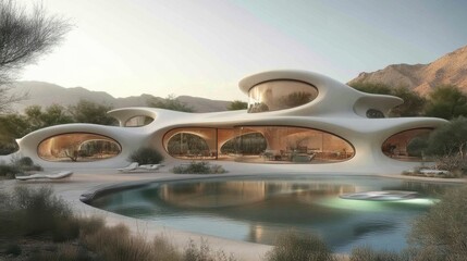 A cutting-edge public building with futuristic design elements, including sharp angles, eco-friendly features, and an inviting open space that encourages public interaction and accessibility.