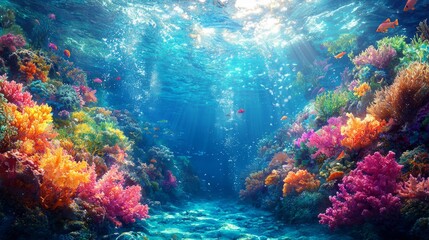 Obraz premium Clean ocean with diverse marine life, vibrant colors, photorealistic, underwater scene