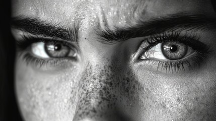Fototapeta premium Close-up of anxious eyes, reflection showing inner turmoil, high contrast black and white