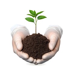 Hands Holding Soil with Seedling on White Background for Gardening