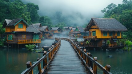 Obraz premium a photo of a small village with fog the photo shows a foggy morning in a village with traditional wooden houses the houses have thatched roofs and are built on stilts a narrow wooden bridge leads t