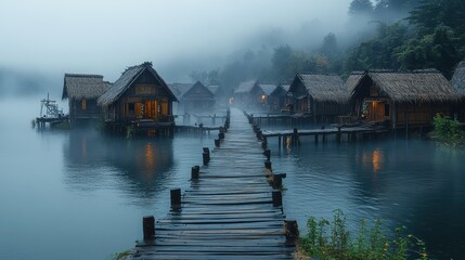 Obraz premium a photo of a small village with fog the photo shows a foggy morning in a village with traditional wooden houses the houses have thatched roofs and are built on stilts a narrow wooden bridge leads t