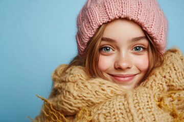 A cheerful young girl wearing a pink knitted beanie and a cozy yellow scarf, smiling warmly against a light blue background. Young girl depicts to be joy, gladness, rejoicing, cheer, mirth, sunshine.