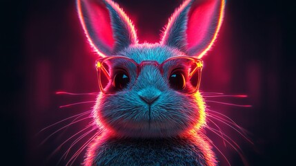 Easter bunny wearing sunglasses, rendered in a retro 80s style, vibrant neon colors, geometric shapes