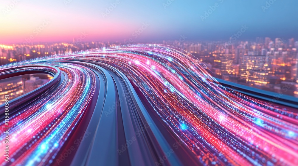 Poster digital flow: cityscape data stream at twilight