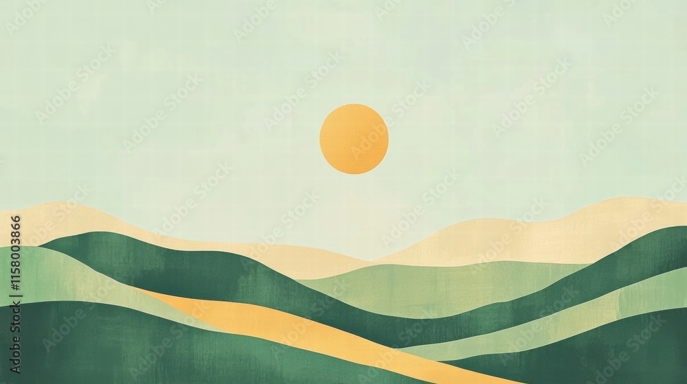 Poster Naive art style landscape with rolling hills, warm sun, and ample copy space for creative text placement. Generative AI