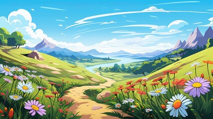 Fototapeta premium Serene Mountain Valley Path With Blooming Wildflowers
