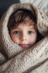 A close-up portrait of a young boy wrapped in a cozy, knitted blanket. He has soft features, bright blue eyes, and a gentle expression, creating a warm and inviting atmosphere. 