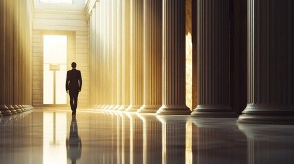 Man in suit walking through a grand hall with columns towards a bright window.