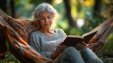 Elderly woman reading a book in a hammock, peaceful, relaxed, shaded area