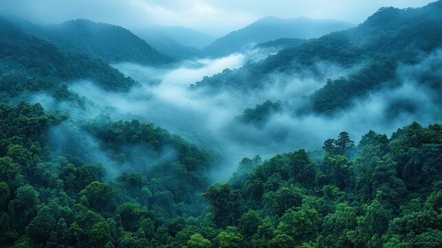 a static view of a forest covered by fog during a cold winter day in the mountains serra da mantiqueira brazil - Powered by Adobe