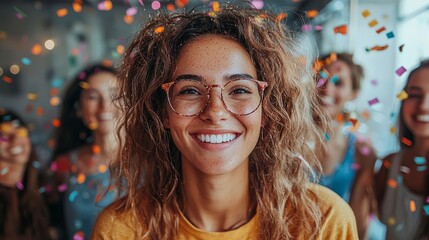 Happy diverse team celebrating success, confetti, modern office, vibrant colors, candid