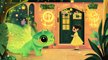 Magical children's book-style illustrations featuring friendly dragons and enchanted settings
