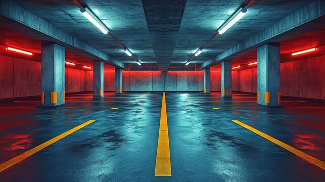 Industrial underground parking, concrete walls, dramatic lighting, shadows and light play, urban texture, empty parking spaces, cinematic mood - Powered by Adobe