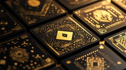 Golden circuit board pattern on black square tiles.