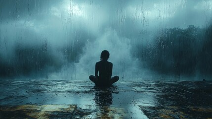 Obraz premium Lonely figure sitting by rain-streaked window, muted blue-gray tones, soft shadows, deep emotional introspection