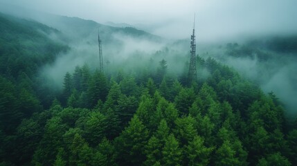 aerial fog covering hillside with dense greenery radio tower emerging forest