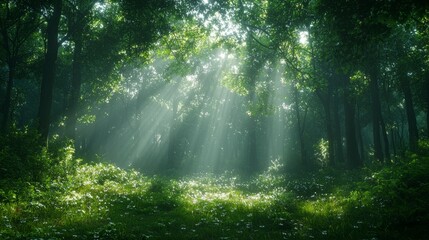 Obraz premium Lush green forest, sunlight streaming through trees, peaceful, serene